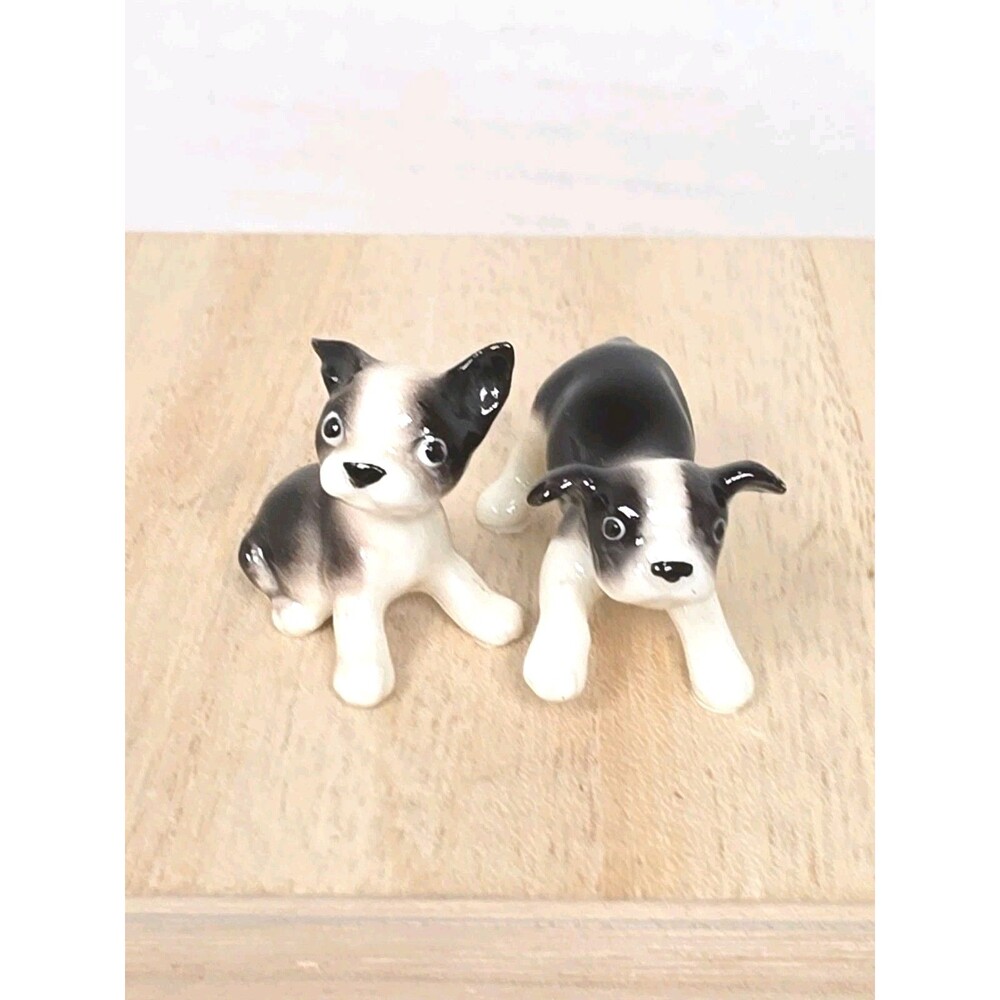 Vintage Hagen Renaker 2 Boston Terrier Puppy  Dog Figurines
